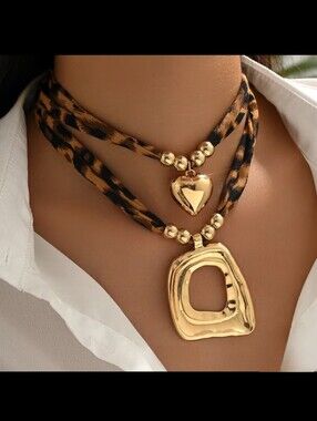 Gold Double-Layer Heart & Geometric Pendant Necklace with Leopard Cord